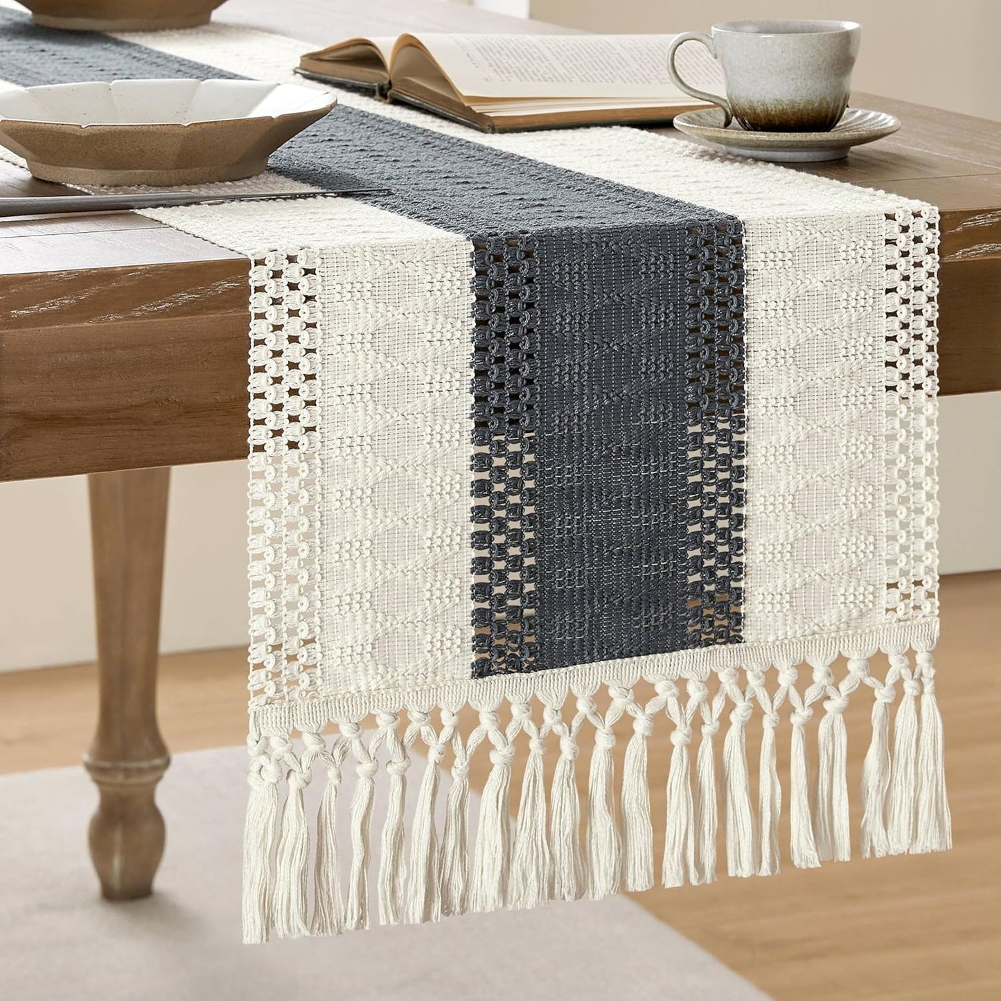 14 36 Inch 36 Inches ZeeMart Macrame Style Bicolor Stitching Table Runner, x Charcoal/Ivory, Boho Dark Grey Table