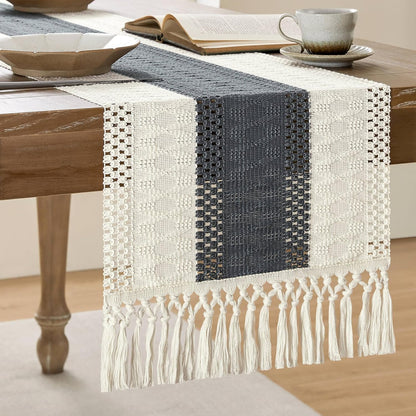 14 36 Inch 36 Inches ZeeMart Macrame Style Bicolor Stitching Table Runner, x Charcoal/Ivory, Boho Dark Grey Table