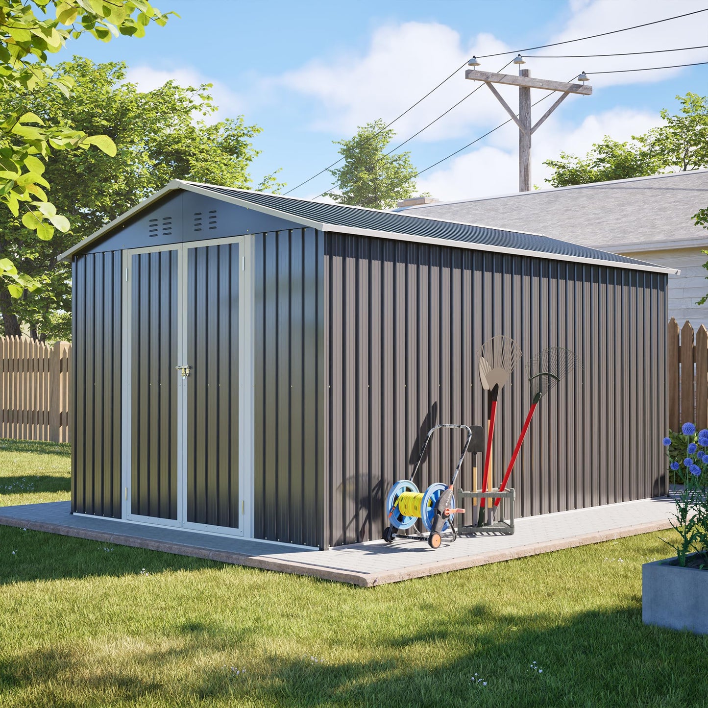 YOPTO 8x12 FT Large Outdoor Storage Shed with Lockable Doors & Floor Base,Weather-Resistant Metal Tool Shed for Garden, Backyard,Patio,Lawn,Gray