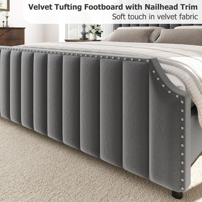 GarveeHome King Size Platform Bed Frame with 50.2 in Headboard, Velvet Upholstered Bed Frame with Vertical Channel Tufted Headboard & Footboard, Nailhead Trim, No Box Spring Needed, Grey
