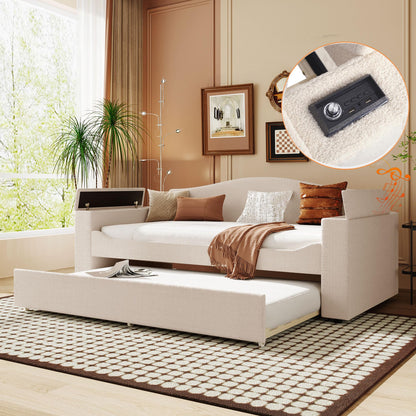 Twin Upholstered Daybed with Storage Armrests, Trundle and Latest Integrated Bluetooth Audio System
