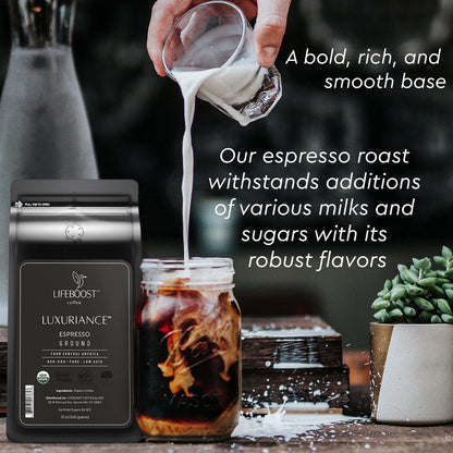 Lifeboost Organic Espresso Ground Coffee - Non-GMO Low Acid Single Origin USDA Shade Grown Organic Espresso Coffee - Third Party Tested For Mycotoxins & Pesticides 12oz Bag