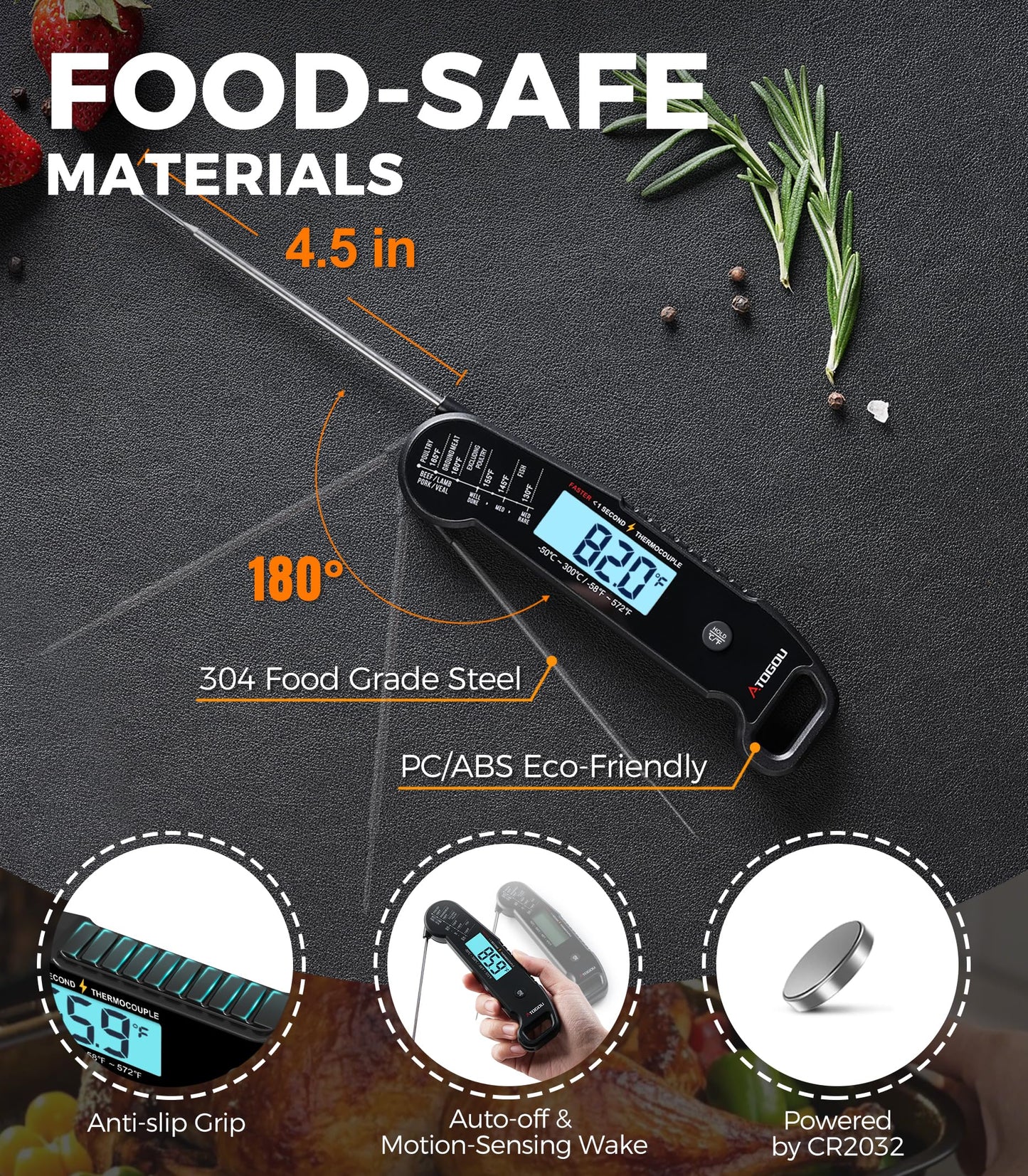 Atogou Meat Thermometer, Professional Food Thermometer, <1 Sec Instant Read, ±0.5℉ Accuracy, Thermocouple Sensor, Waterproof Digital Thermometer for Cooking, BBQ, Grill, Him Dad Birthday Gifts, Black