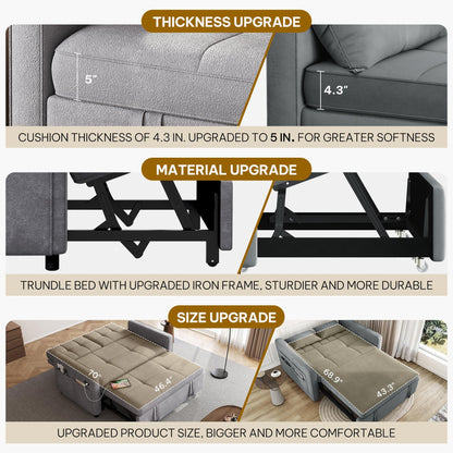DWVO 55" Convertible Sofa Bed, 3-in-1 Sleeper Sofa with Pull-Out Couch, Velvet Futon Couch with Adjustable Backrest and USB, Modern Loveseat for Living Room Apartment, Light Grey