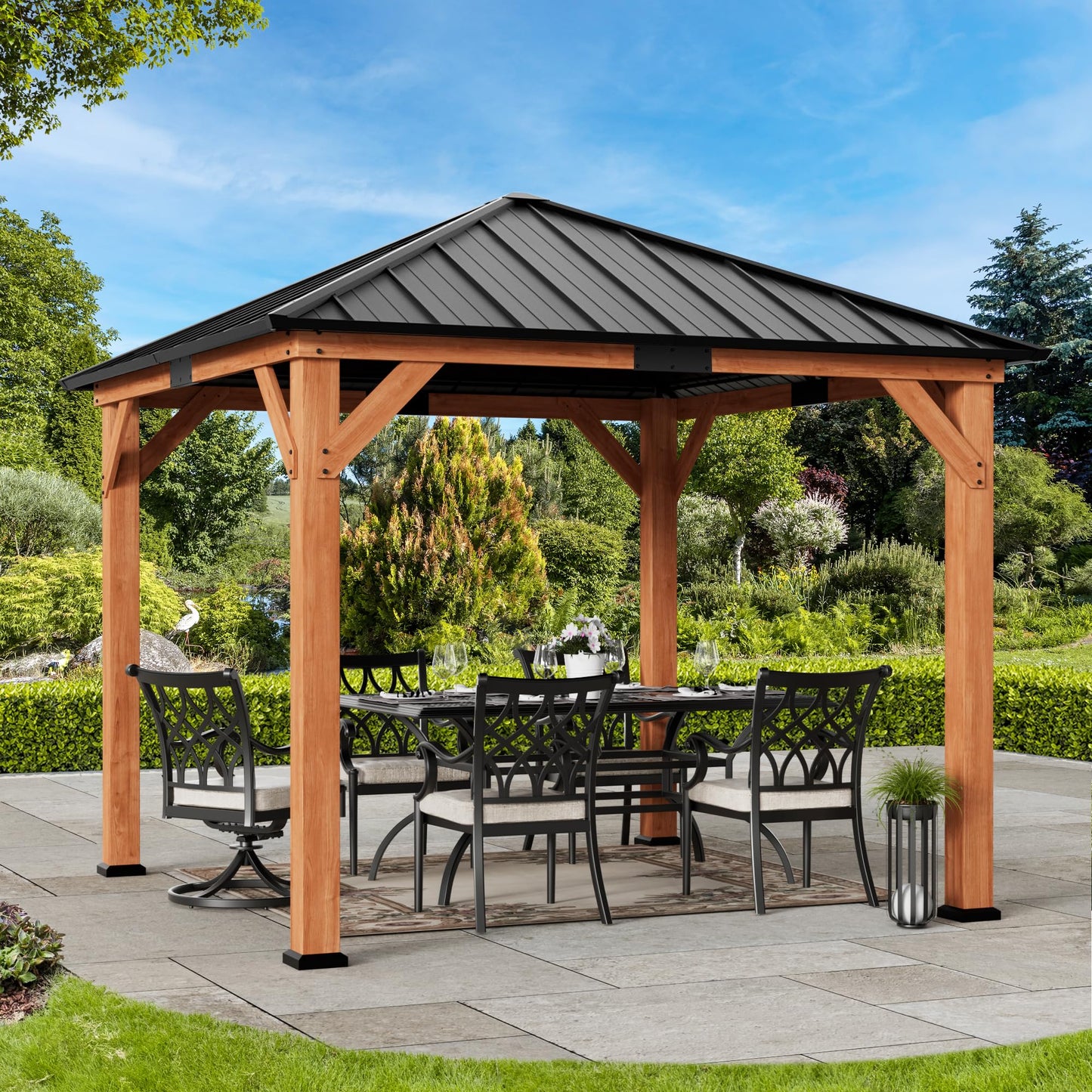 Modern Shade Tranquil Grove Wood Gazebo 10' x 10', Hardtop Gazebo Permanent with Galvanized Steel Roof, Cedar Outdoor Gazebo with Sturdy Hooks for Garden, Backyard, Patio and Deck