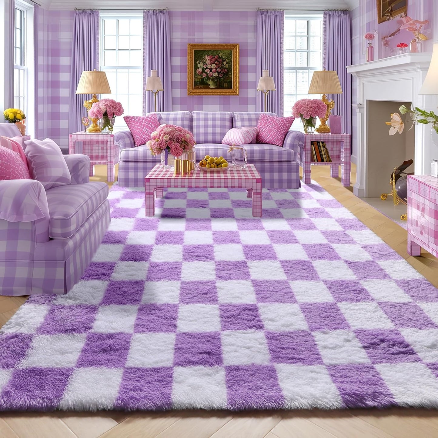 KICMOR 5x8 Purple Rugs for Living Room Bedroom, Fluffy Soft Checkered Area Rug Fuzzy Shag Shaggy Carpet, Indoor Furry