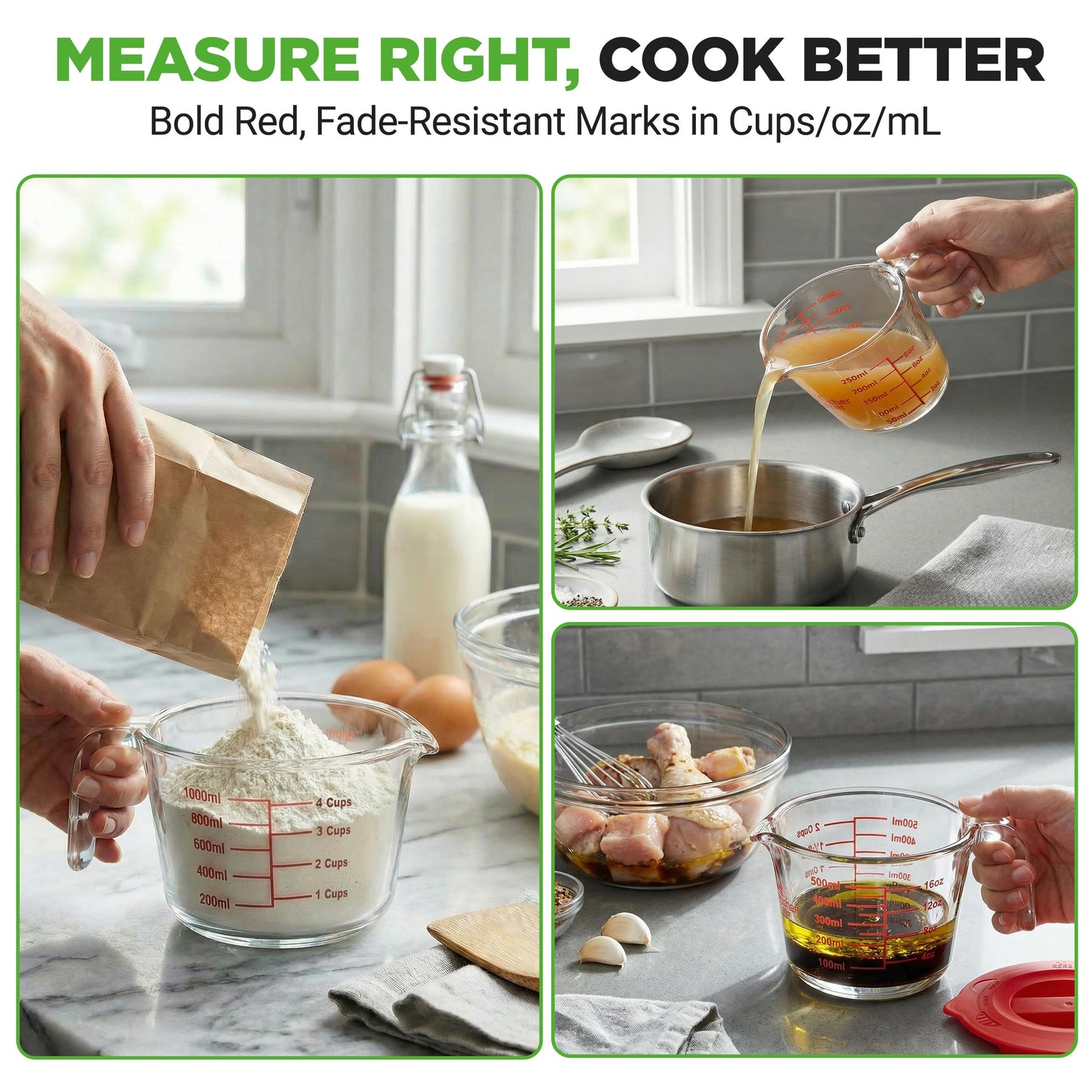 NutriChef 1,2 and 4 Cups Glass Measuring Cup Set with Lids (8, 17 and 34 oz) - Heat-Resistant Borosilicate Liquid Measure Cups with Easy-Read Scale for Cooking, Baking & Food Storage, Dishwasher Safe