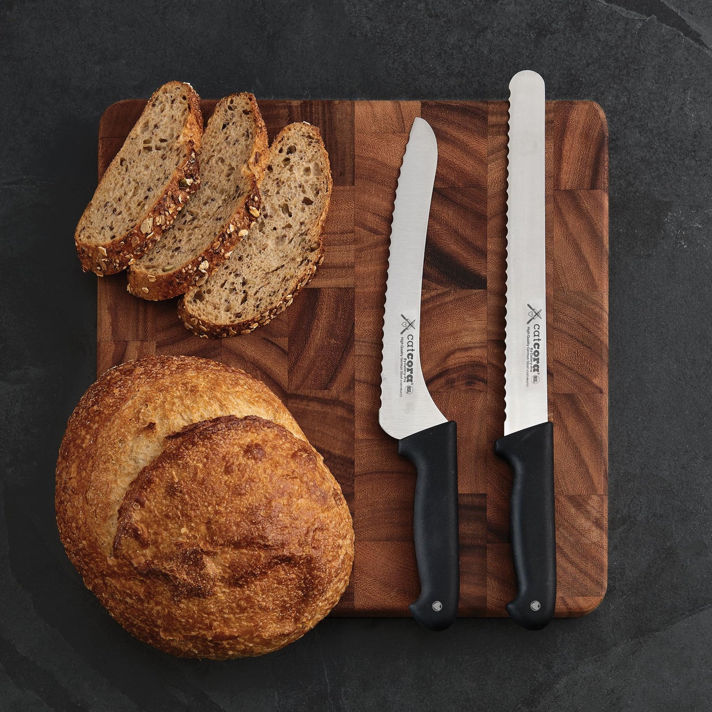 CAT CORA Offset Serrated Bread Knife, Professional 9-Inch German Steel Blade For Homemade Sourdough, Artisan Bread Slicing, or Cake Cutting, Ergonomic Soft-Grip Handle, NSF-Certified Kitchen Knife
