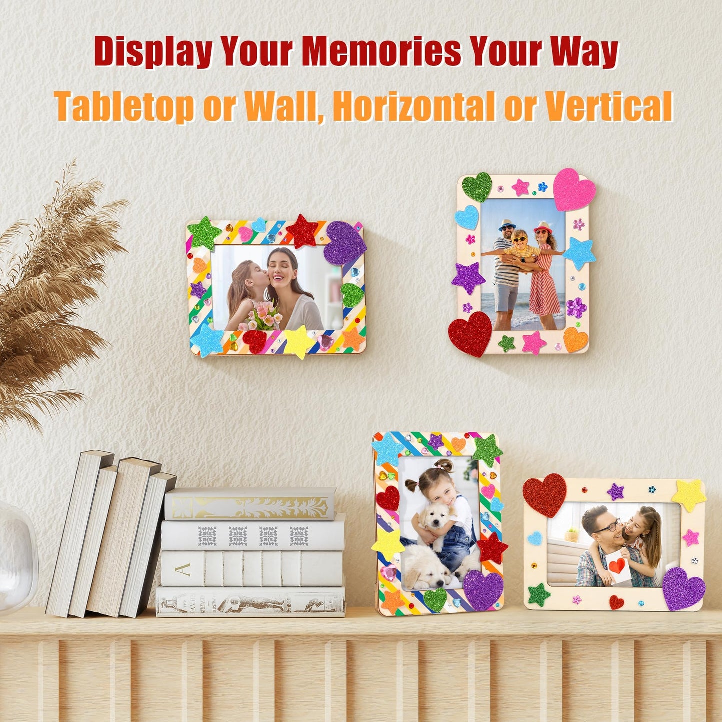 Aneco 6 Packs Picture Frame Painting Craft Kit for 4 x 6 Inch Photo DIY Unfinished Wooden Photo Frames with Diamond and Foam Stickers for DIY Crafts, Paint and Decorate