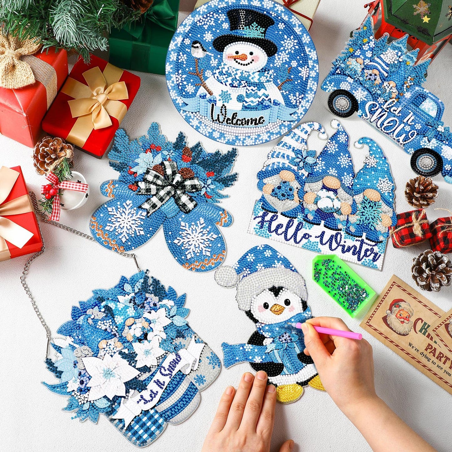 Zonon 6 Pcs Winter Diamond Painting Hanging Sign Set 5d Snowman Diamond Art Set for Adults DIY Gnome Art Pendant Ornaments Kits Acrylic Winter Tree Wreath Truck for Wall Window Decor