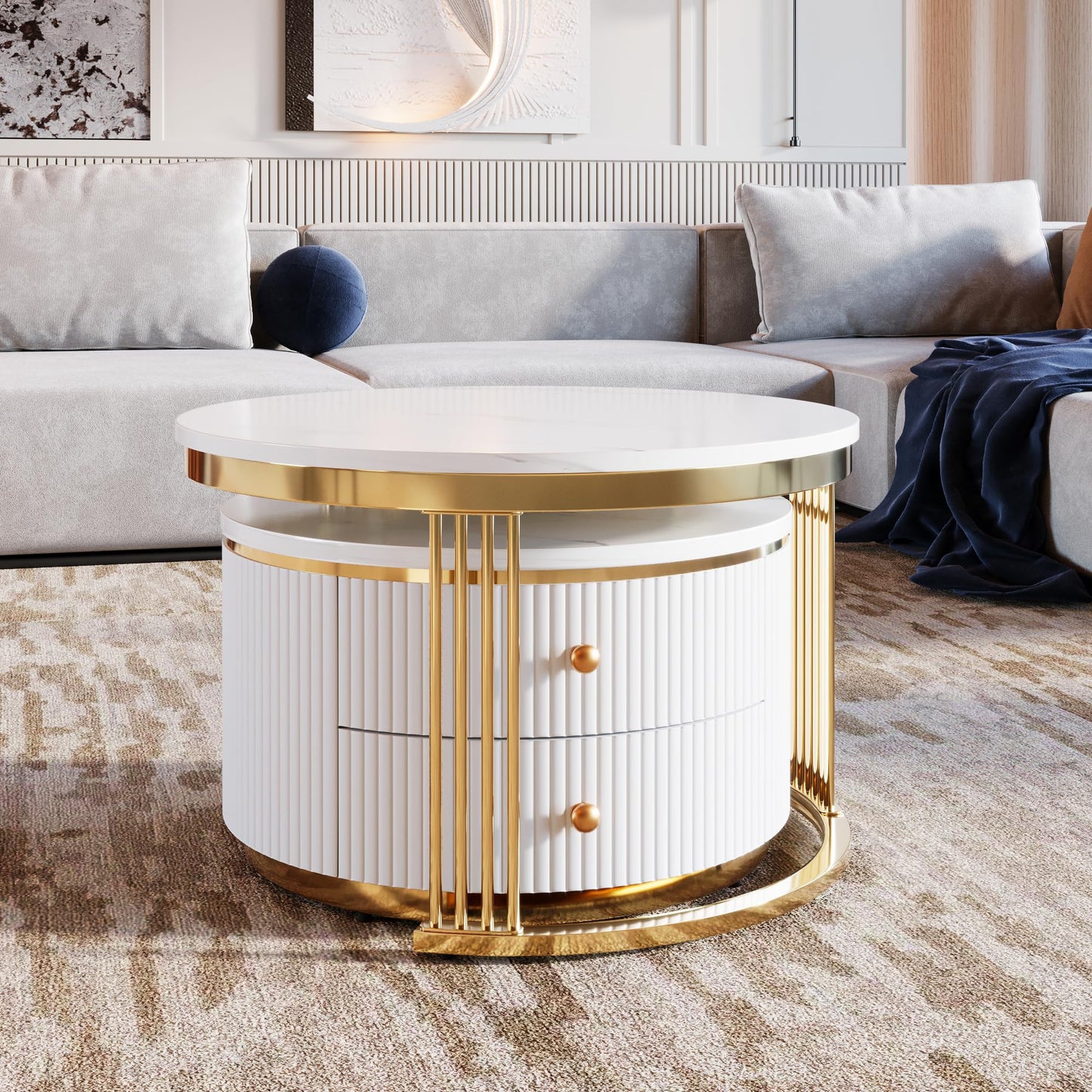 Merax 27.6'' Round Nesting Coffee Table, Modern with 2 Large Drawers Storage, Gold Finish End Tables for Living Room Apartment, Gold+White
