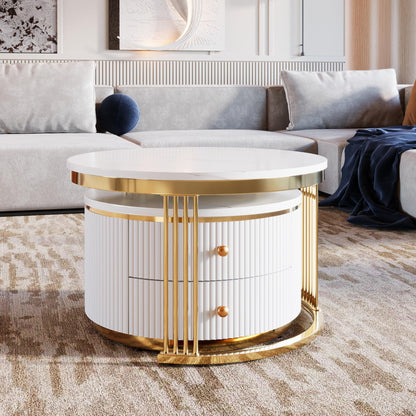 Merax 27.6'' Round Nesting Coffee Table, Modern with 2 Large Drawers Storage, Gold Finish End Tables for Living Room Apartment, Gold+White