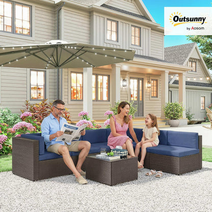 Outsunny 7 Piece Patio Furniture Set, Wicker Outdoor Sectional Sofa Set, All Weather PE Rattan Outdoor Furniture Conversation Sets with Cushions, Glass Top Coffee Table, Dark Blue