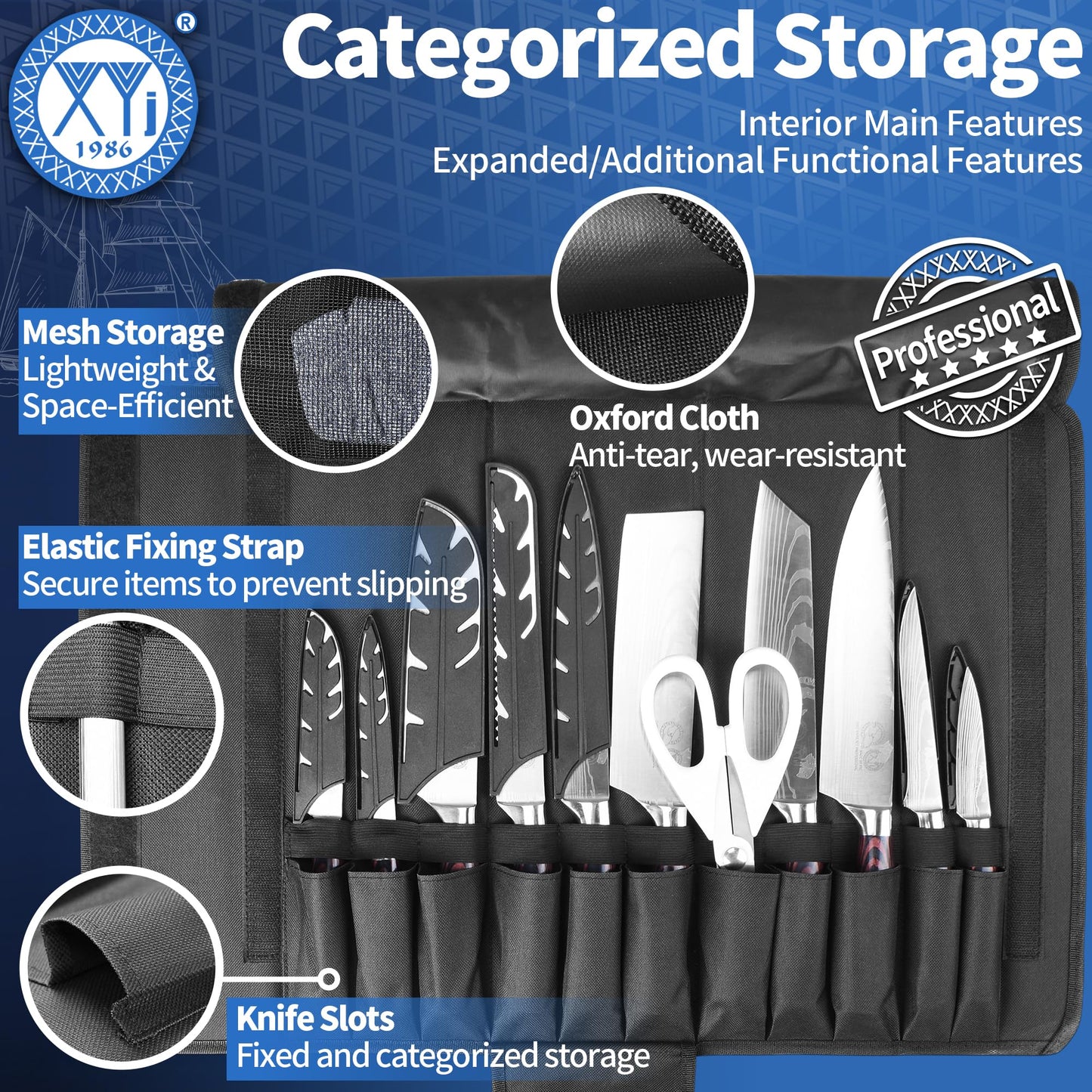 XYJ Kitchen Knife Set, Stainless Steel Fruit Steak Ham Fish Fillet Carving Slicing Chef Knife Set with Bag, Scissors, Sharpening Tool, Peeler, Vegetable Slicer, Gloves