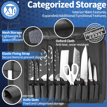 XYJ Kitchen Knife Set, Stainless Steel Fruit Steak Ham Fish Fillet Carving Slicing Chef Knife Set with Bag, Scissors, Sharpening Tool, Peeler, Vegetable Slicer, Gloves