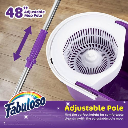 Fabuloso Spin Mop and Bucket, Hands-Free Wringing Spin Bucket - Machine Washable and Replaceable Microfiber Mop Head, Adjustable Pole Length - Clean Your Floors with Ease
