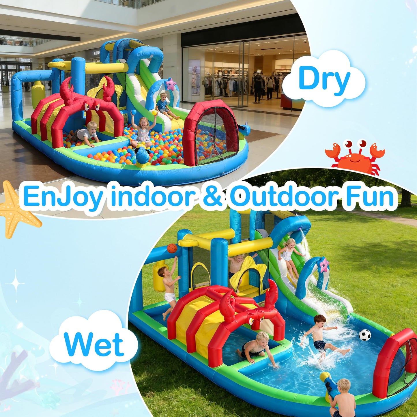 TOAOB Inflatable Water Slide for Kids 3-12: 8 in 1 Ocean-Themed Blow Up Backyard Water Park with 550W Blower for Outdoor Birthday Party