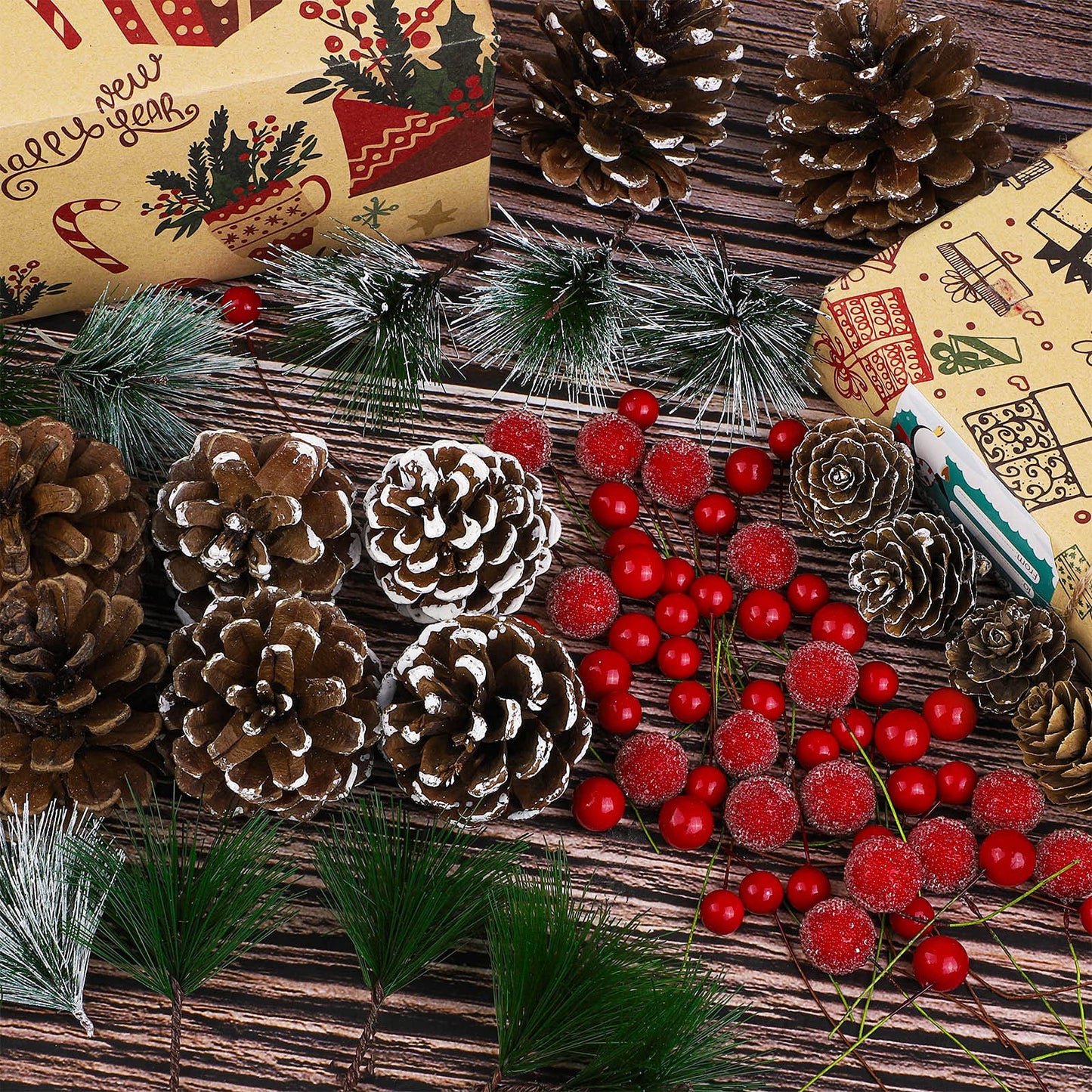 Fovths 232 Pieces Christmas Wreath Making Decoration Artificial Pine Cone Berry Set Pine Natural Pinecones Branches for Xmas Tree Ornament Home Fall Winter Christmas Party DIY