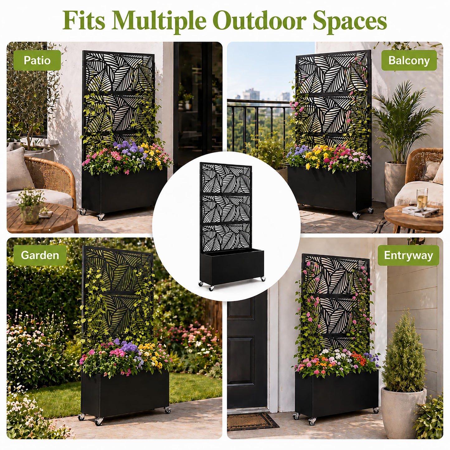 Veemuaro Metal Planter Box with Trellis, 70" H × 46" L Freestanding Outdoor Raised Garden Bed with Privacy Screen, Wheels and Drainage Holes, Leaf Privacy Screen Planter Box for Garden, 2PCS
