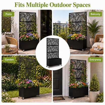 Veemuaro Metal Planter Box with Trellis, 70" H × 46" L Freestanding Outdoor Raised Garden Bed with Privacy Screen, Wheels and Drainage Holes, Leaf Privacy Screen Planter Box for Garden, 2PCS