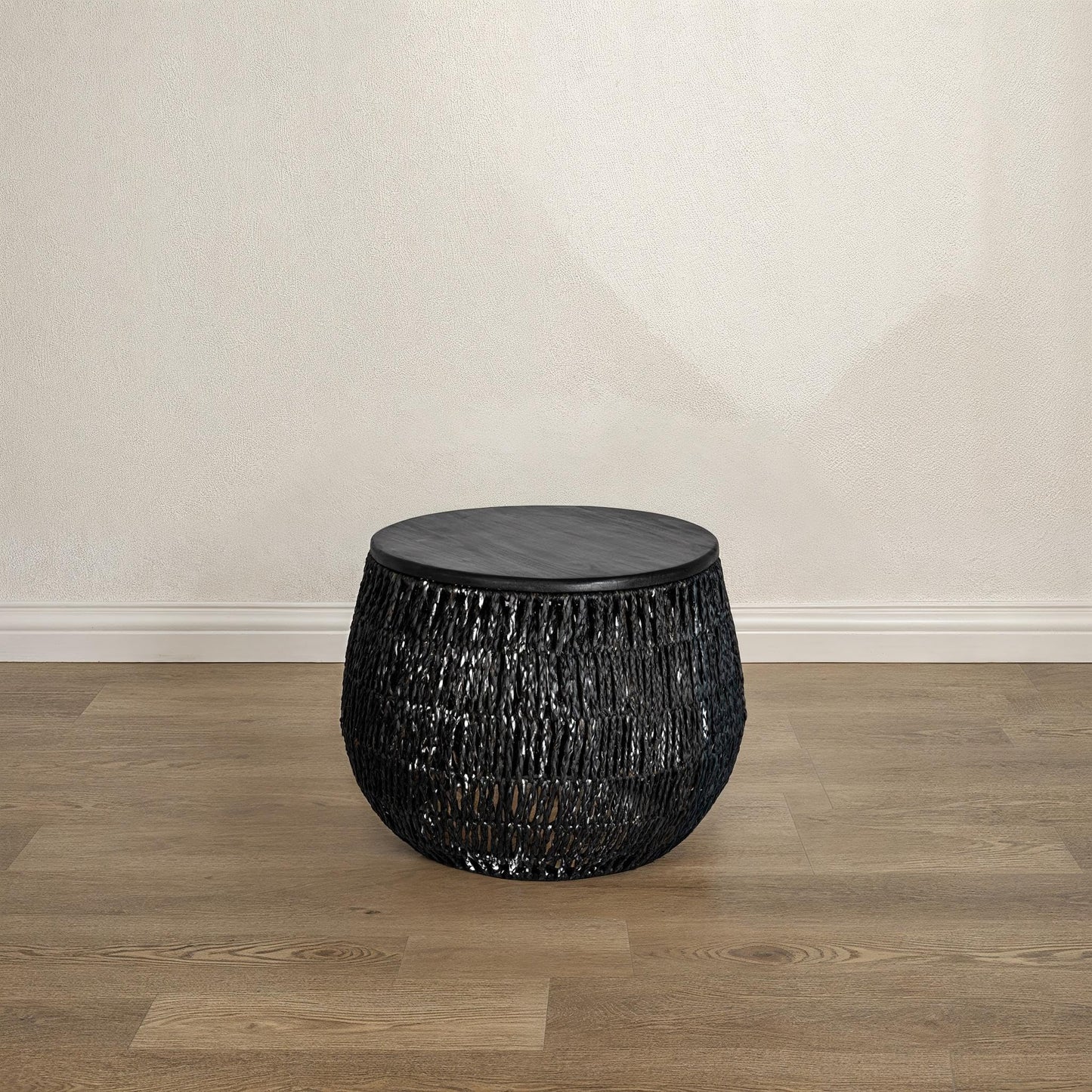 Bloomingville Hand-Woven Seagrass and Pine Wood Round Side Table, Black