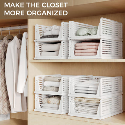 Pinkpum 6 Pack Closet Organizers Storage Bins, Stackable Plastic Drawer Basket for Clothing, Stackable Storage Bins Shelf Storage Container for Closet Wardrobe Bedroom Bathroom Office White