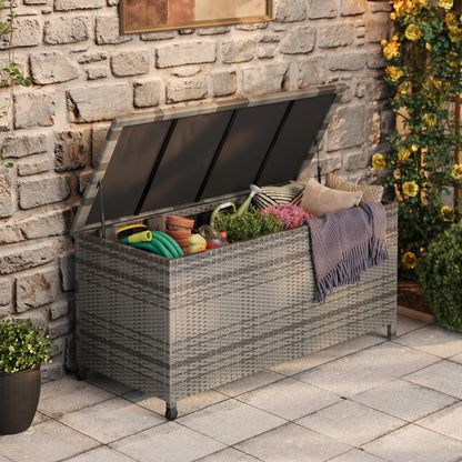 125 Gallon Outdoor Wicker Deck Box, All-Weather Waterproof Patio Storage with PE Rattan Finish & Steel Frame, for Cushions, Garden Tools, Pool Supplies, Lockable Gray Storage Box with Soft-Close Lid