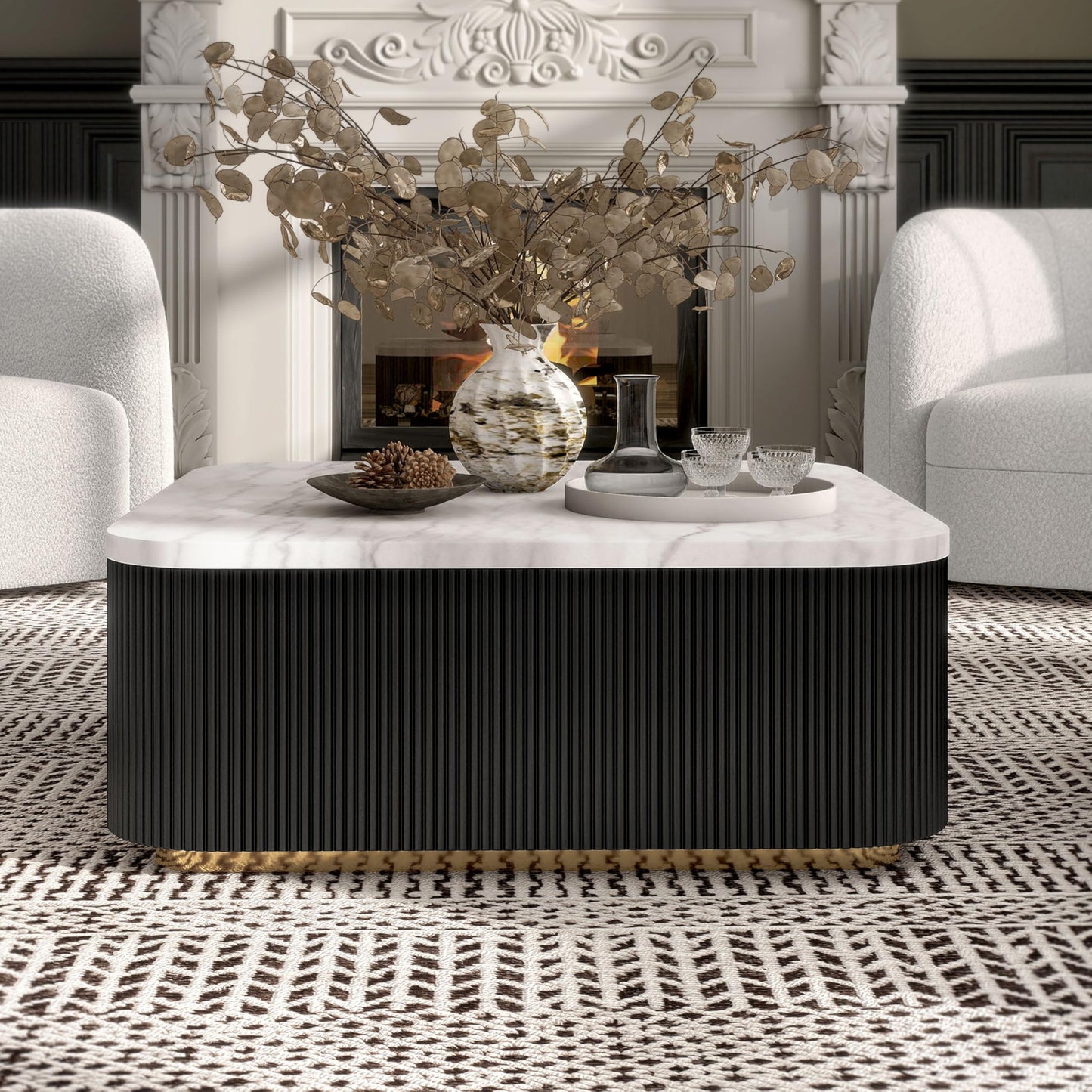 Furniture of America Beryl Modern Square White Genuine Marble Top Coffee Table with Fluted Pedestal Base and Gold Stainless Steel Accent, Low Profile Table for Living Room, Home Office, Black