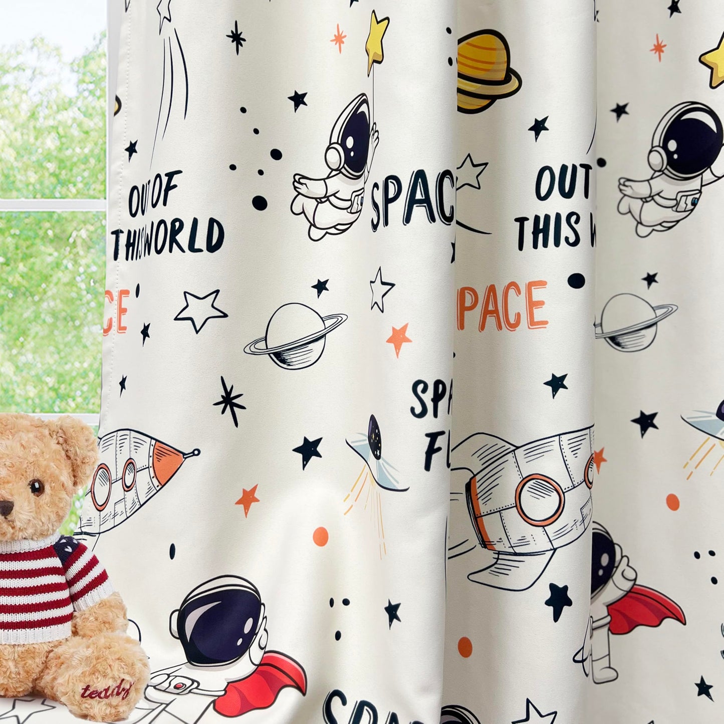 Cartoon Astronaut Semi Blackout Curtains for Kids Room Nursery Space Planets Patterns Printed Drapes for Bedroom Living Room Privacy Room Darkening Window Treatment Grommet Top 1 Panel W42 x L63 Inch