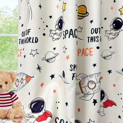 Cartoon Astronaut Semi Blackout Curtains for Kids Room Nursery Space Planets Patterns Printed Drapes for Bedroom Living Room Privacy Room Darkening Window Treatment Grommet Top 1 Panel W42 x L63 Inch