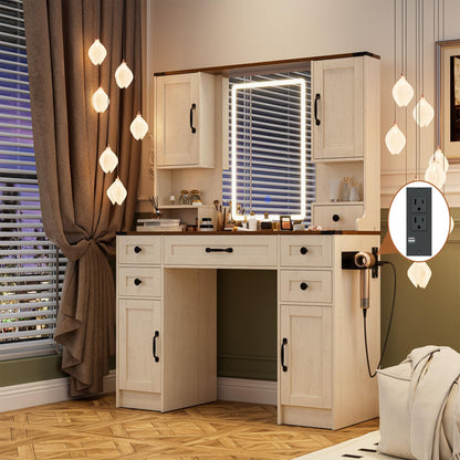 NBYSGO Farmhouse Vanity Desk with Mirror and Lights, Large Makeup Table with 6 Drawers and 4 Storage Cabinets, 3 LED Lights Modes, White Dressing Set for Girls Bedroom