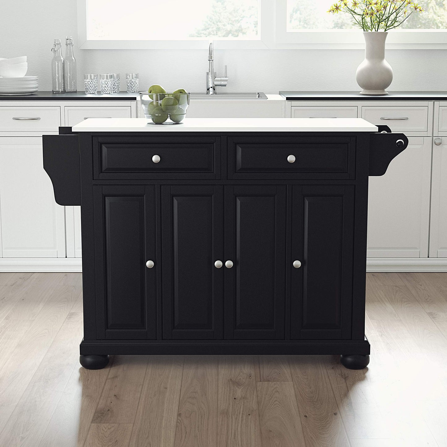 Crosley Furniture Alexandria Stone Top Rolling Kitchen Island Storage Cart, Microwave Stand, Spice Rack, Black