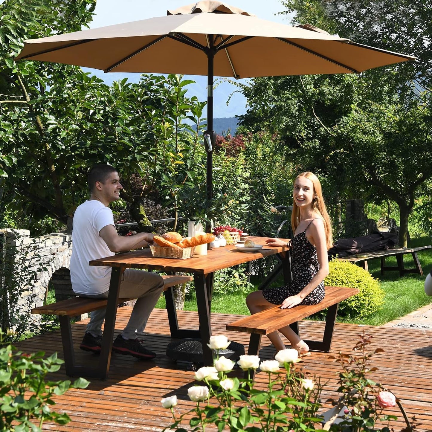 LDAILY Acacia Wood Picnic Table with Umbrella Hole, 70’’ x 30’’ Outdoor Picnic Tables with Benches for 6-8 Persons, 1600 LBS Max Load, Metal Frame & 2" Umbrella Hole, Party, Garden, Yard, Patio, Lawn