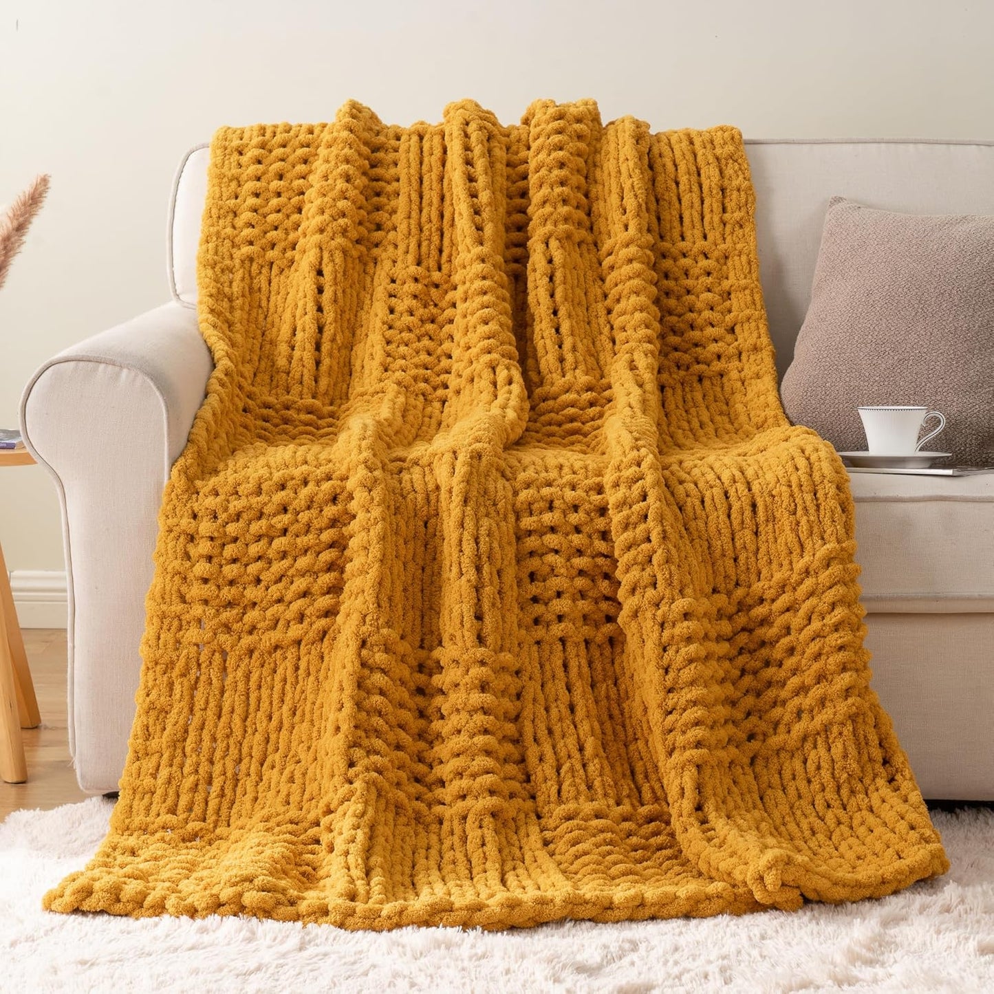 50"x60" Bunnikins & Clover Mustard Yellow Throw Blanket for Couch, Chunky Knit Gold Blanket Throw with Chenille Yarn