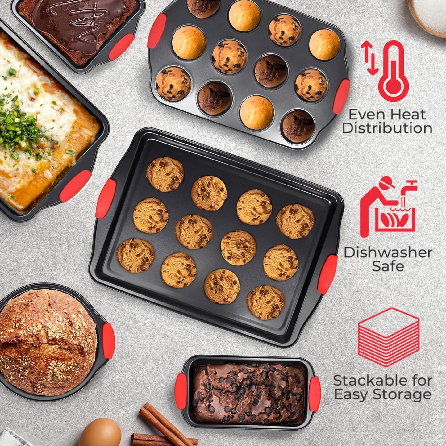 PERLLI 6-Piece Non-Stick Baking Pan Set, BPA-Free Carbon Steel Bakeware with Silicone Handles