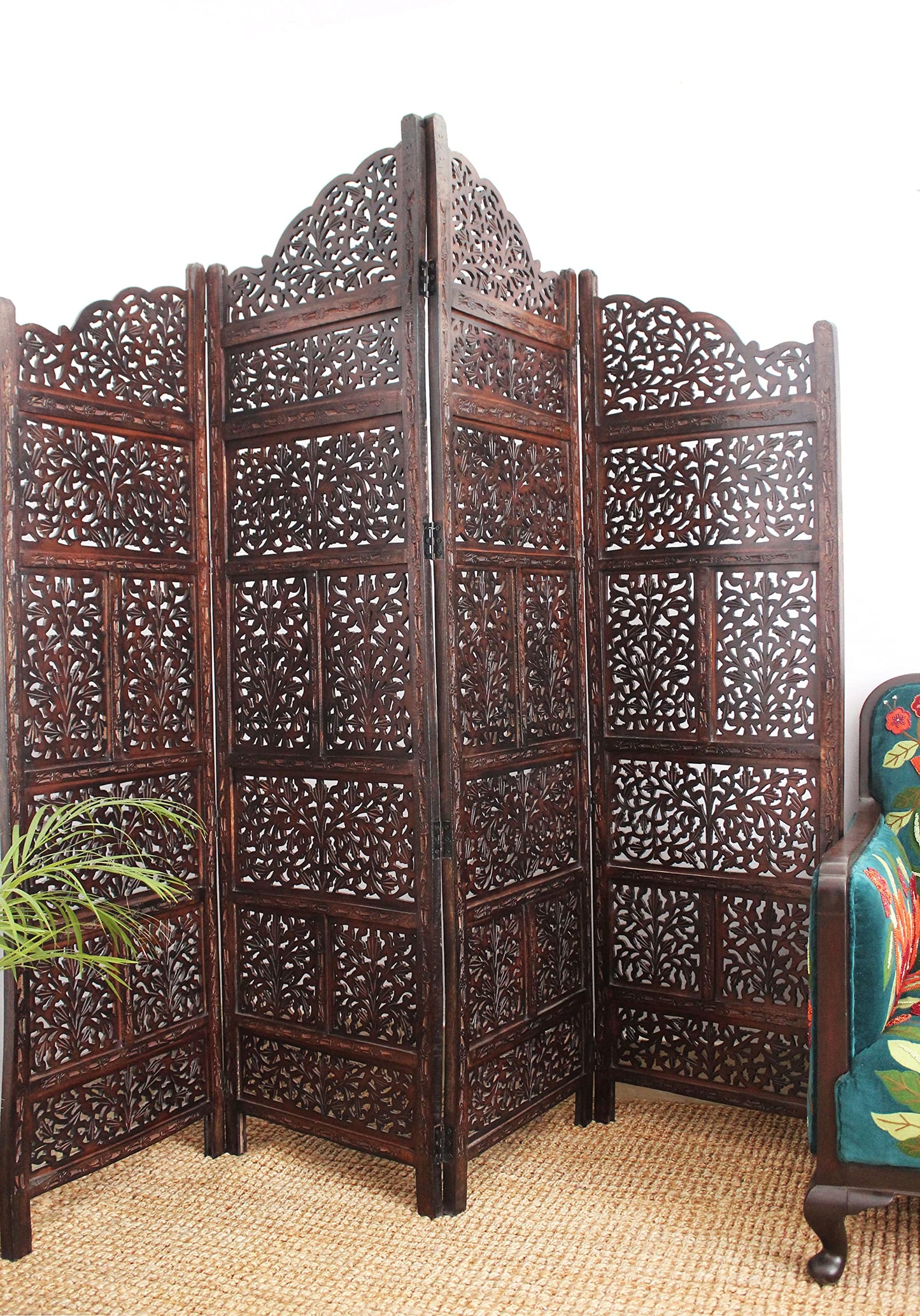 Room Divider Wood Screen - Mahanadi Antique Brown - 4 Panel Folding 72x80 - Wooden Hand Carved Screen Decorative Functional Versatile - Small Spaces Reversible Privacy Partition - COTTON CRAFT