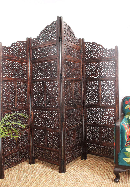 Room Divider Wood Screen - Mahanadi Antique Brown - 4 Panel Folding 72x80 - Wooden Hand Carved Screen Decorative Functional Versatile - Small Spaces Reversible Privacy Partition - COTTON CRAFT