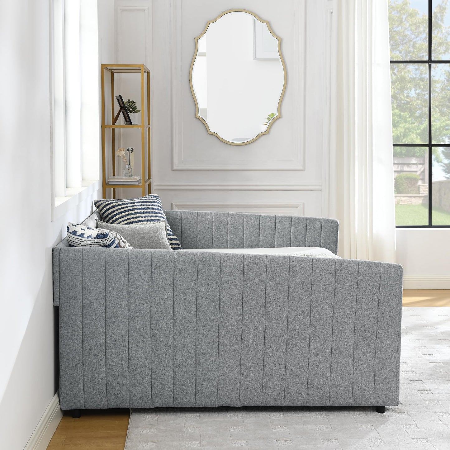 Ball & Cast Queen Size Daybed with Storage Drawers, Linen Upholstered Sofa Bed with Channel Tufted Backrest, Day Bed Frame with Wood Slats Supports, No Box Spring Needed,Grey
