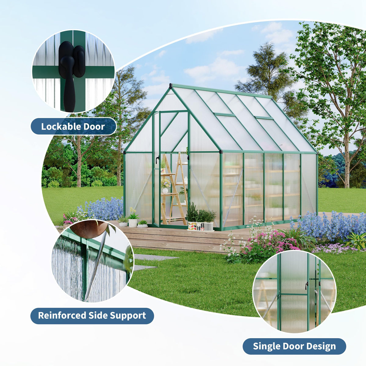Polycarbonate Greenhouse for Outdoors, Large Walk-InGreenhouse with Quick Setup Structure and Roof Vent, Greenhouse with Ventilation