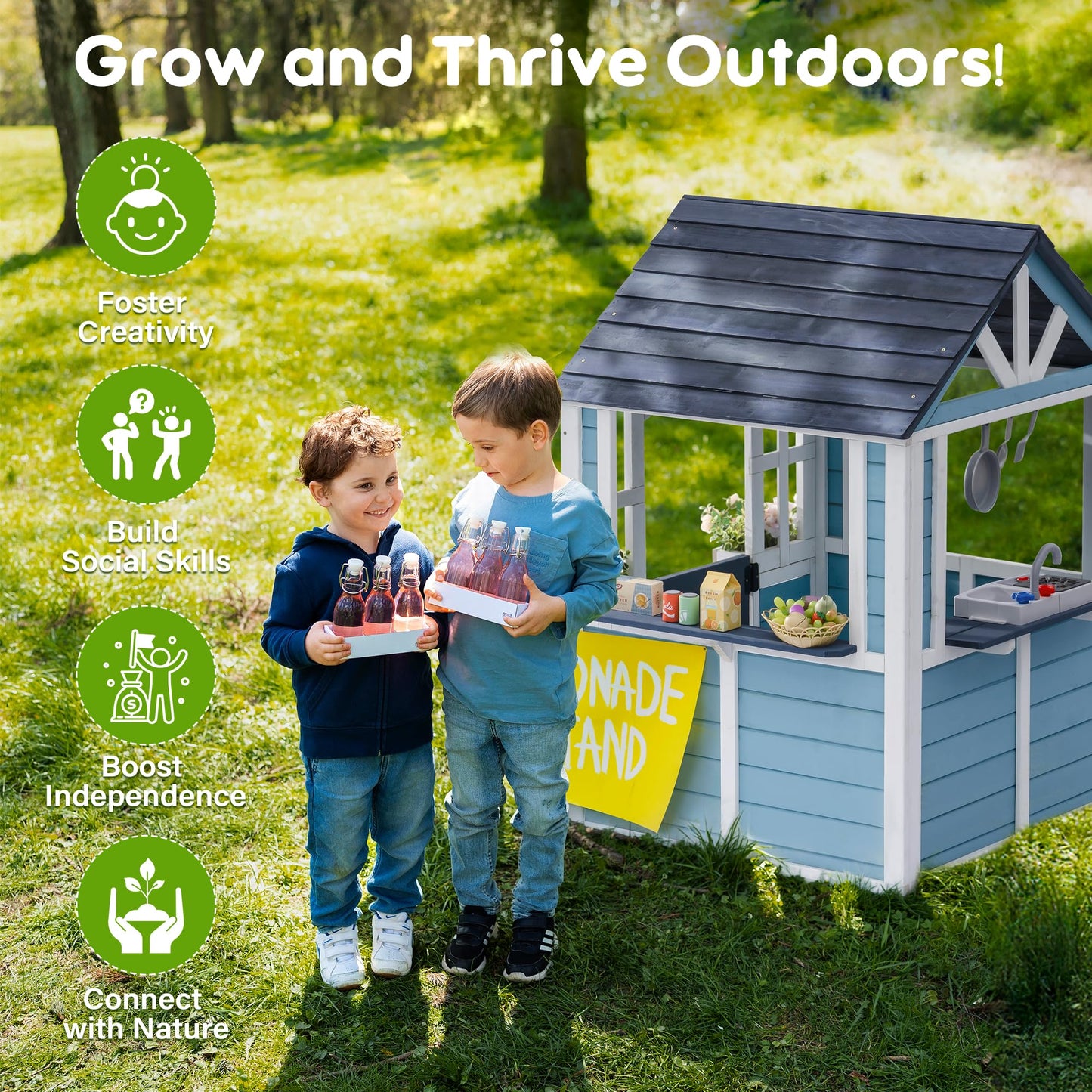ROBUD Wooden Playhouse, Outdoor Kids Playhouse with Sink, Stove, Cookware, Flowerpot Holders, Snack Bar, Cottage Play House for Backyard, Blue
