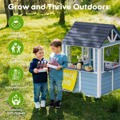 ROBUD Outdoor Playhouse, Wooden Play House for Kids Outdoor with Snack Bar, Flowerpot Holders, Sink, Stove, Cookware, Outdoor playset for Kids Ages 3+
