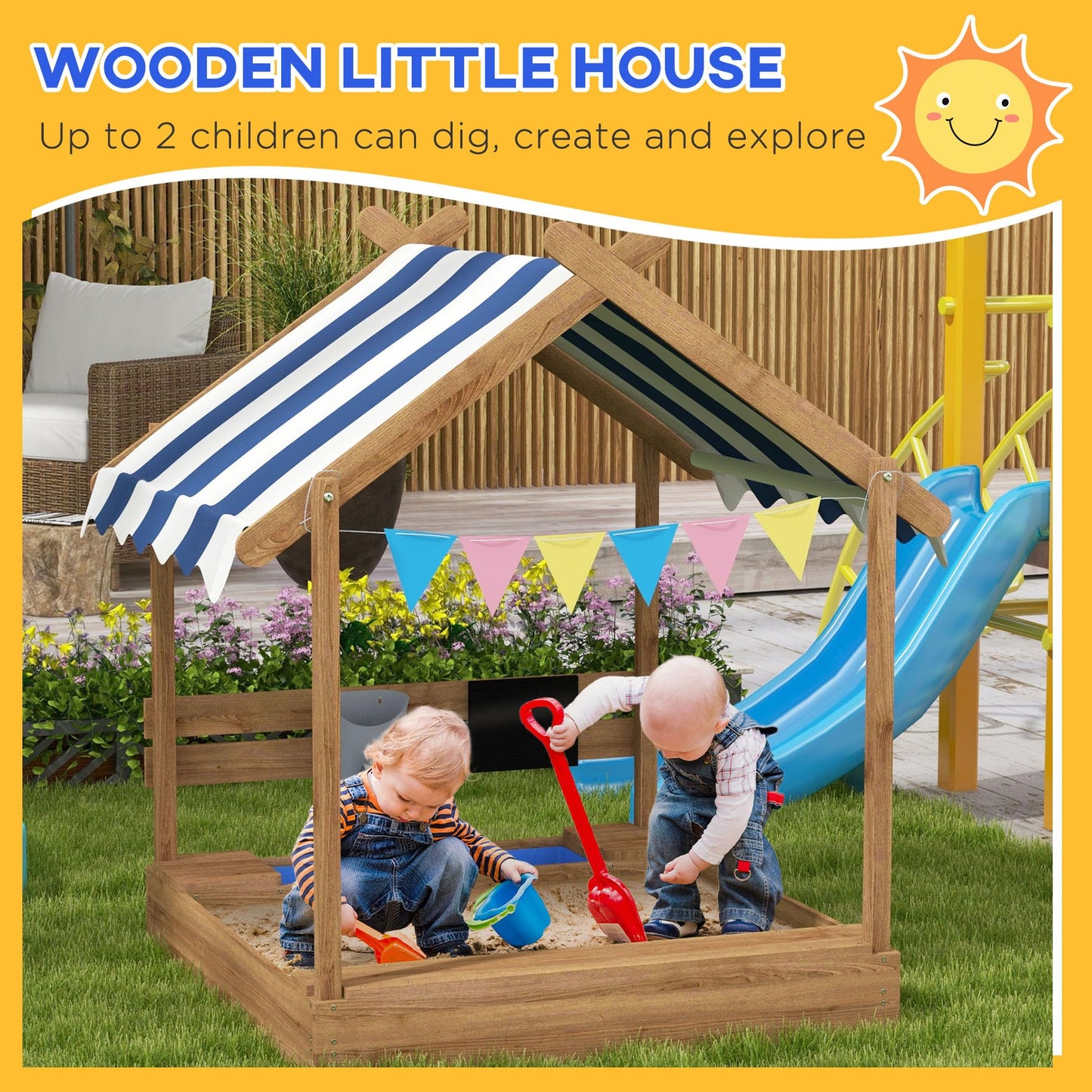 Wooden Sandbox with Canopy House Design - Weather-Resistant Play Set for Kids Ages 3-7, Outdoor Fun with Sink and Black Board