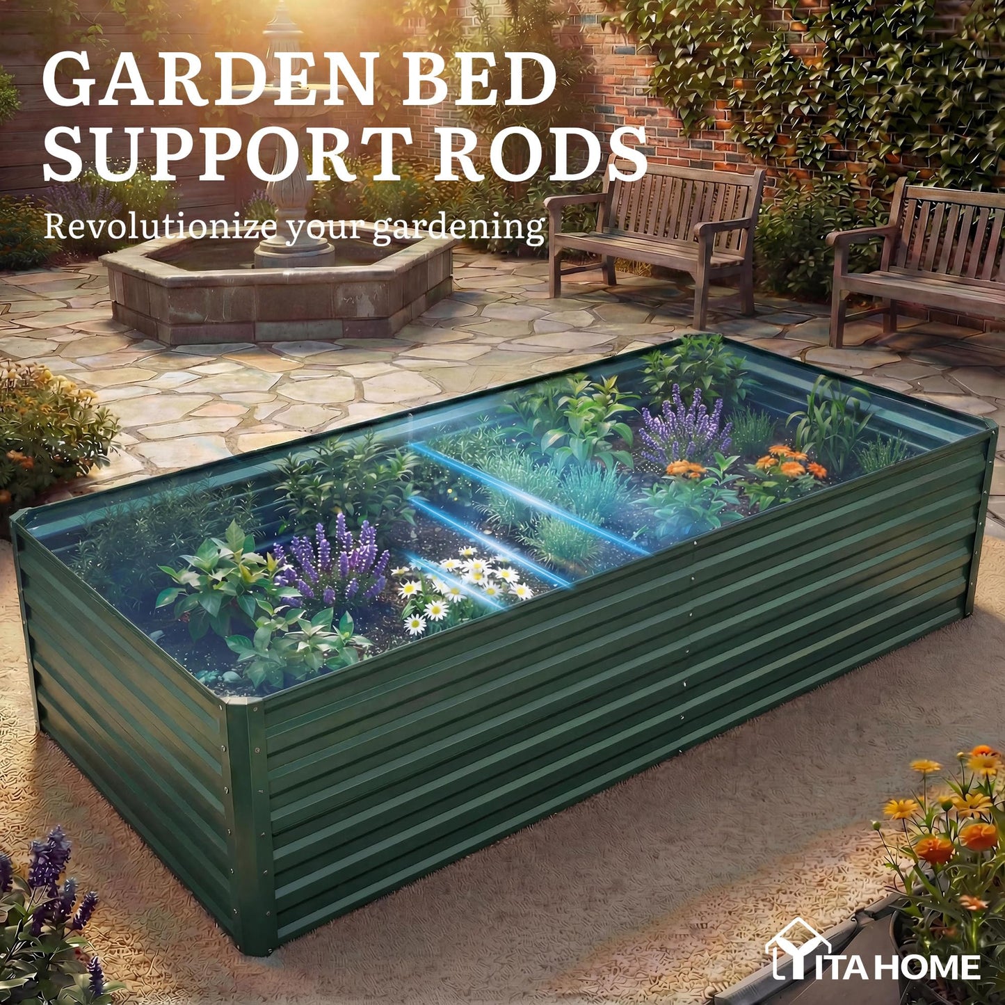 YITAHOME 4pcs 72x36x24 in Galvanized Raised Garden Bed Kit, Large Metal Planter Box with Gloves & Support Rod, Outdoor Flower Bed for Plants Vegetables, Green