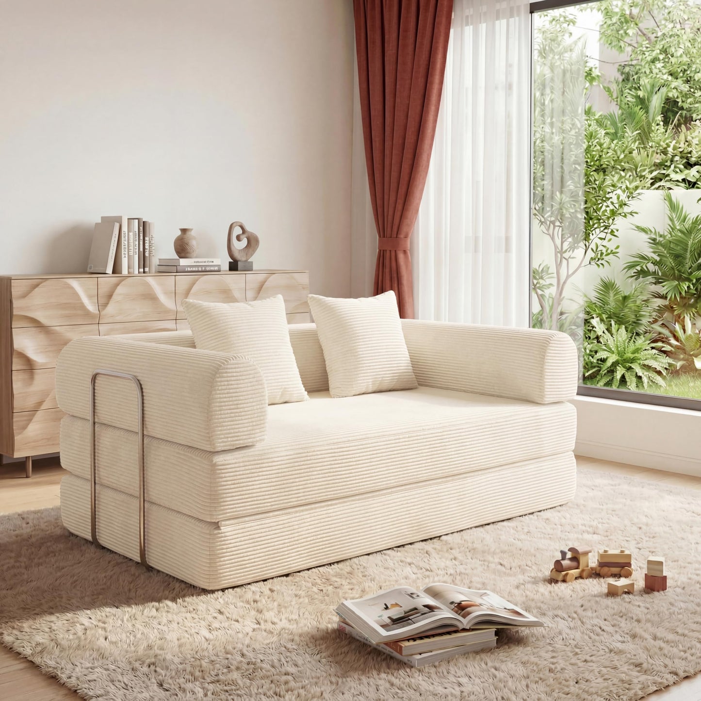 HouseMila 53.15" Boneless Couch,4-in-1 Futon Sofa Bed Modular Loveseat Sleeper Folding Compressed Couch with Pillows,No Assembly Required Convertible Sofa Bed for Living Room Bedroom Guest Room,Beige