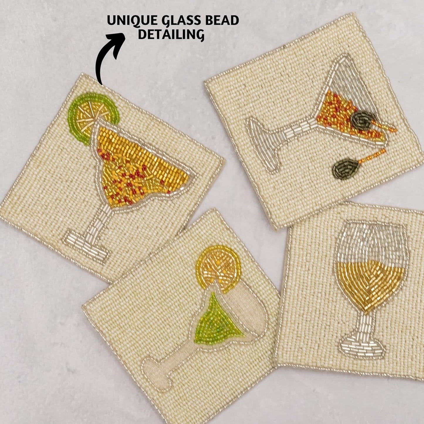 Set 4 (4")| Folkulture Coasters of Beaded Cocktail Handmade Square Drink Coasters for Coffee Table & Bar | Boho Home