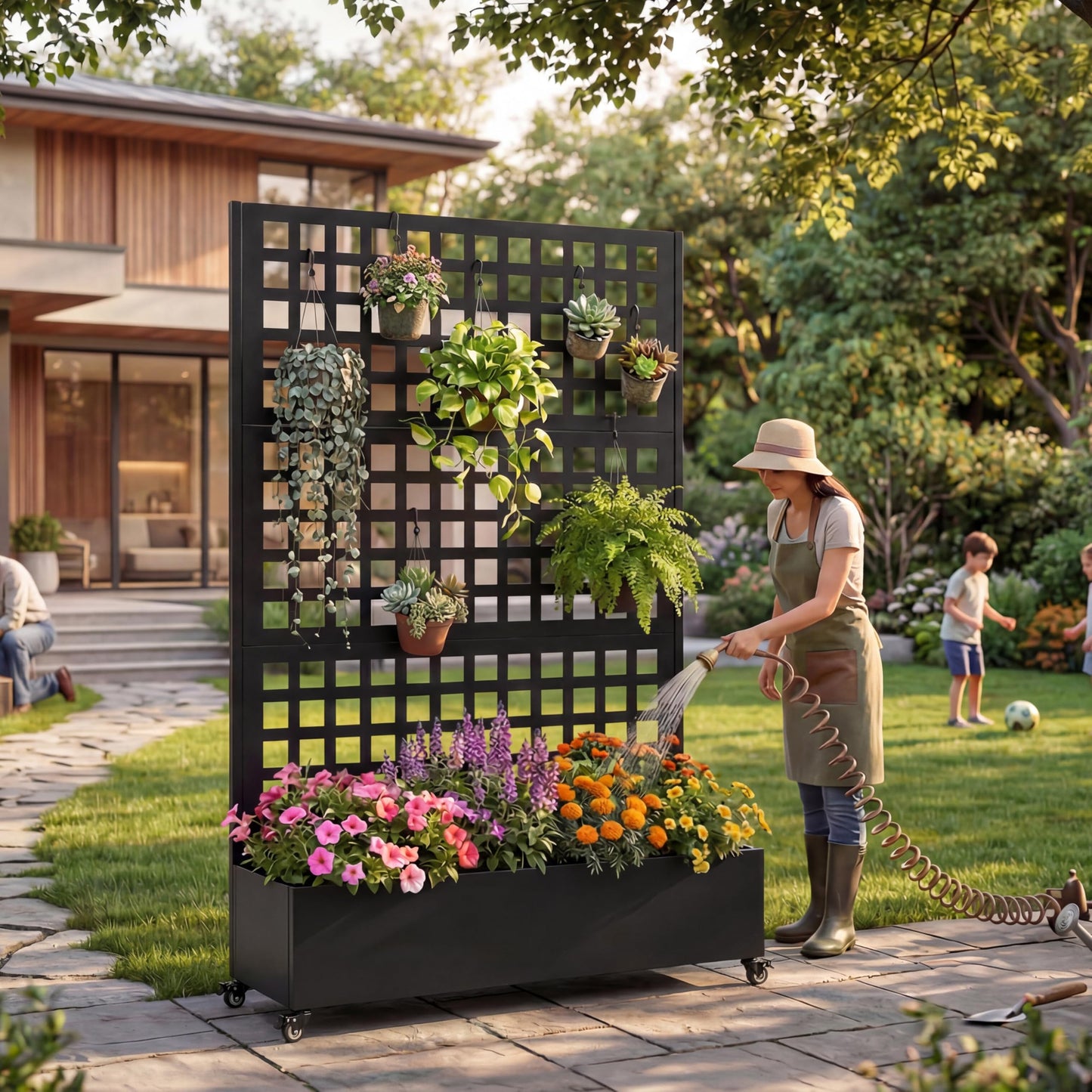 KEIKI 73"x47"x16" Planter Trellis Box with Wheels, Metal Outdoor Resin Raised Garden Bed for Climbing Plants, Large Weather-Resistant Design, Black