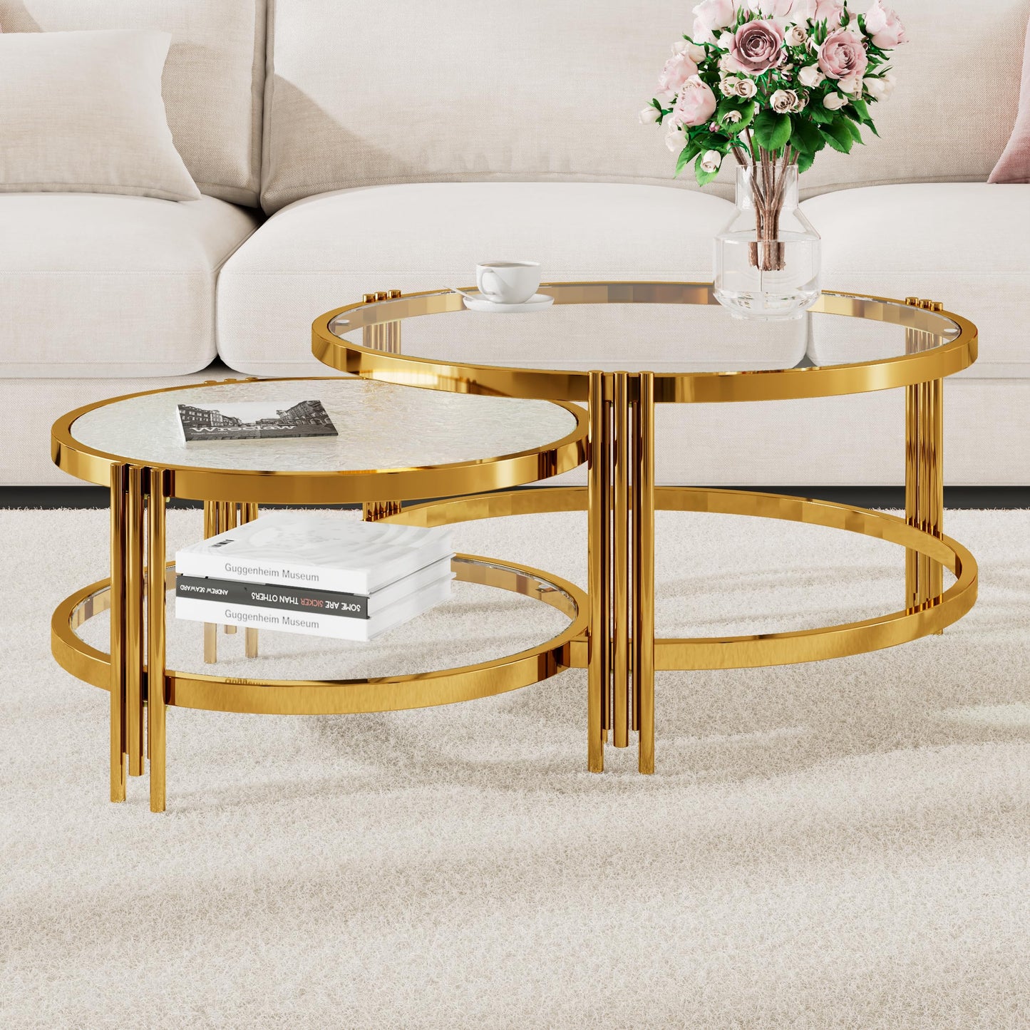 Merax 2-Piece Nesting Round Coffee Table Set, Gold Finish Metal Frame with Textured Tempered Glass Tops, Modern Stylish Accent & Side Table for Living Room, Bedroom, Apartment, Office, Transparent