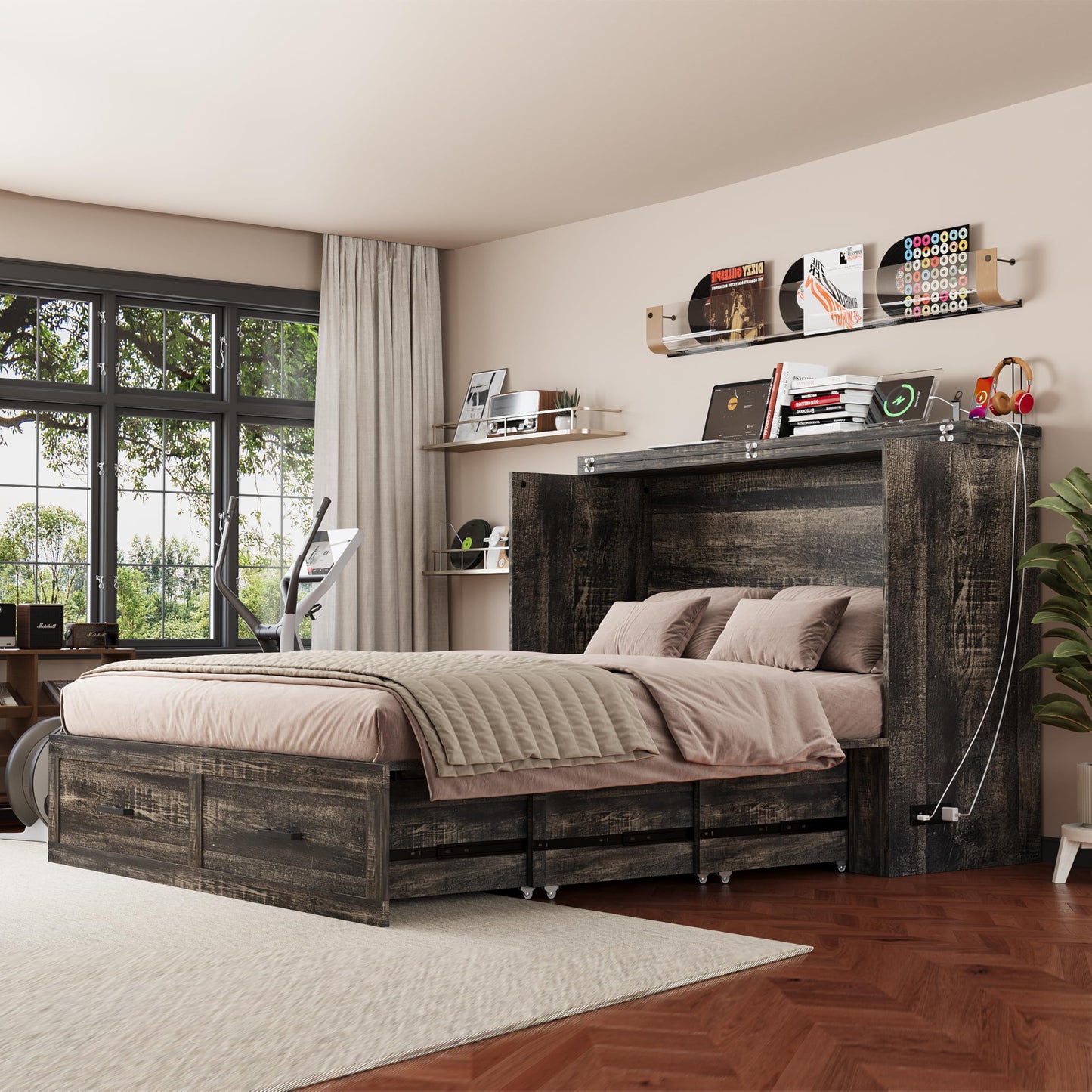 Queen Murphy Bed with Charging Station,Farmhouse Murphy Beds w/Large Storage Drawer,Hideaway Foldable Platform Bed for Guest Bedroom, Living Room, Office,Small Room,Pull Out Bedframe,Grey