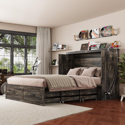 Queen Murphy Bed with Charging Station,Farmhouse Murphy Beds w/Large Storage Drawer,Hideaway Foldable Platform Bed for Guest Bedroom, Living Room, Office,Small Room,Pull Out Bedframe,Grey