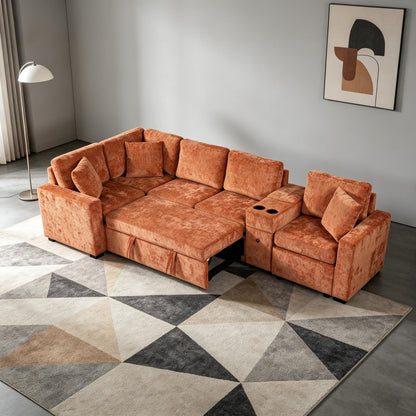 ERYE 120.5-Inch Oversized Sleeper Sectional Sofa W/Pull Out Sleeper Couch Bed, Modern Chenille Upholstered Reversible Modular Sectional Sleeper Sofa with Console & Cupholders